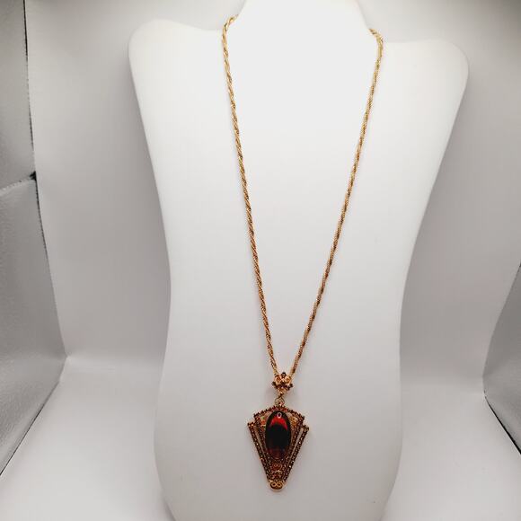 Vintage Topaz Lucite Rhinestone Pendant Brooch Necklace Rope Chain 22” - Picture 9 of 14